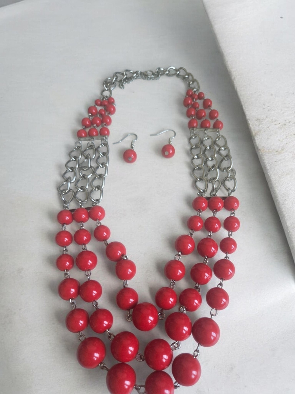 Red Multi-Strand Beaded Necklace & Earring Set